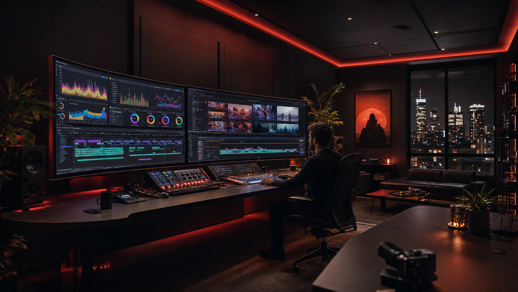 Professional marketing studio with multi-monitor analytics setup and cinematic red lighting