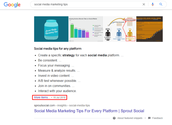 Example of dated Content in Featured Snippet