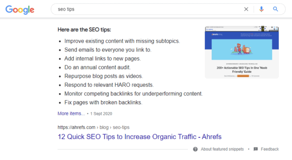 Featured Snippet List Example