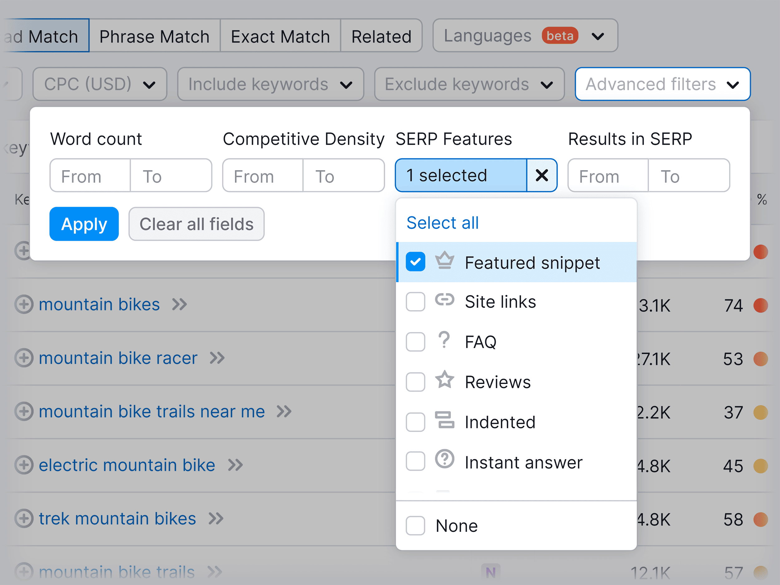 Semrush – Keyword Magic Tool – Filters – Featured Snippet