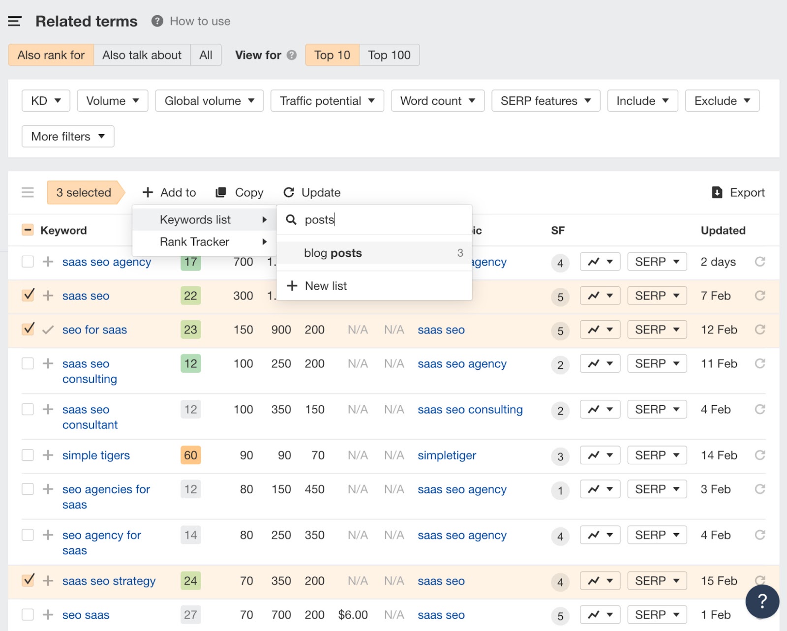 Related terms report in Ahrefs