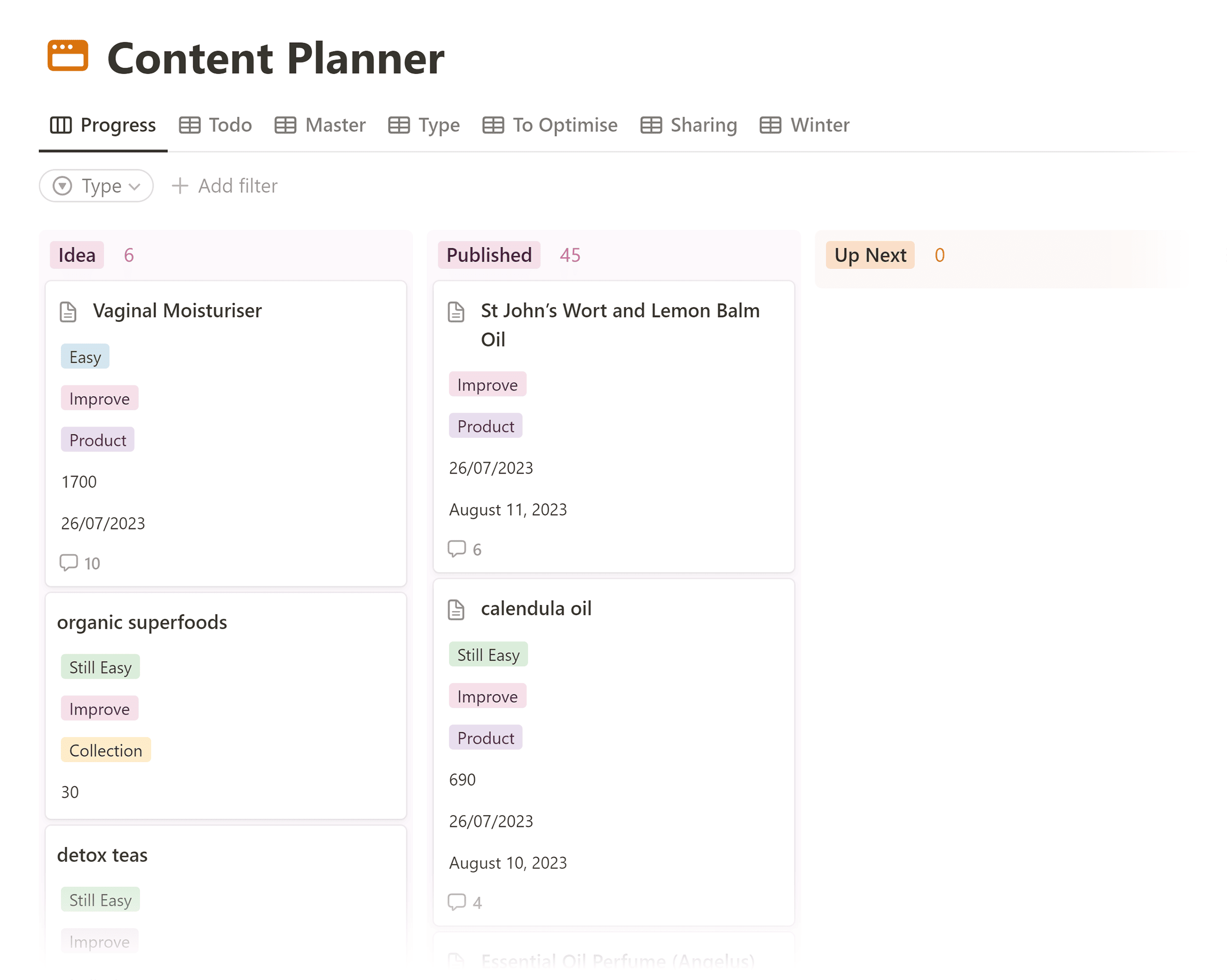Notion – Content Planner – Progress