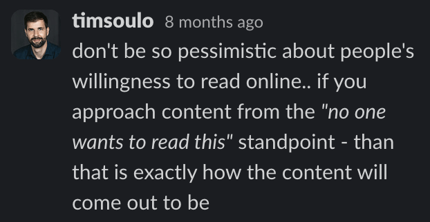 Tim's comment to me a few months ago. Very wise, if you ask me :) 