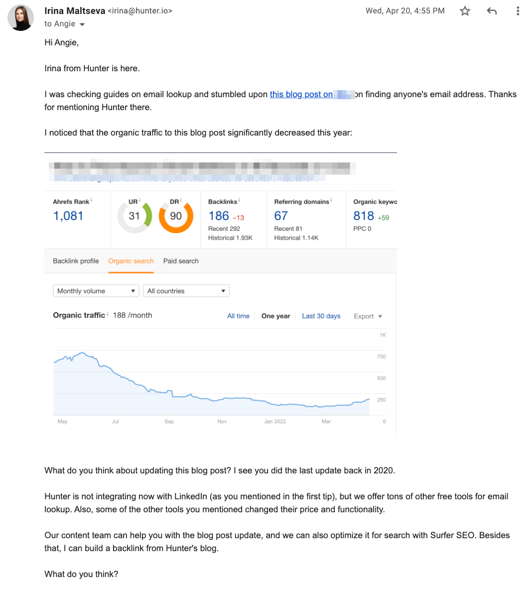 An email sent by Irina Maltseva to offer to update someone's blog post