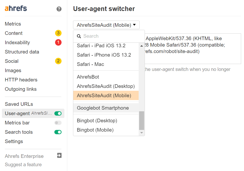 Change your user-agent to check for redirects in Ahrefs Toolbar