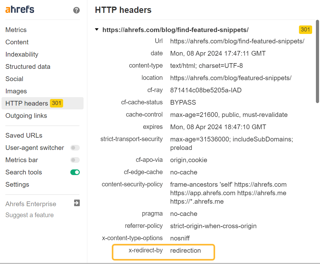 Look for hints in the HTTP Headers about where redirects fired using the Ahrefs Toolbar