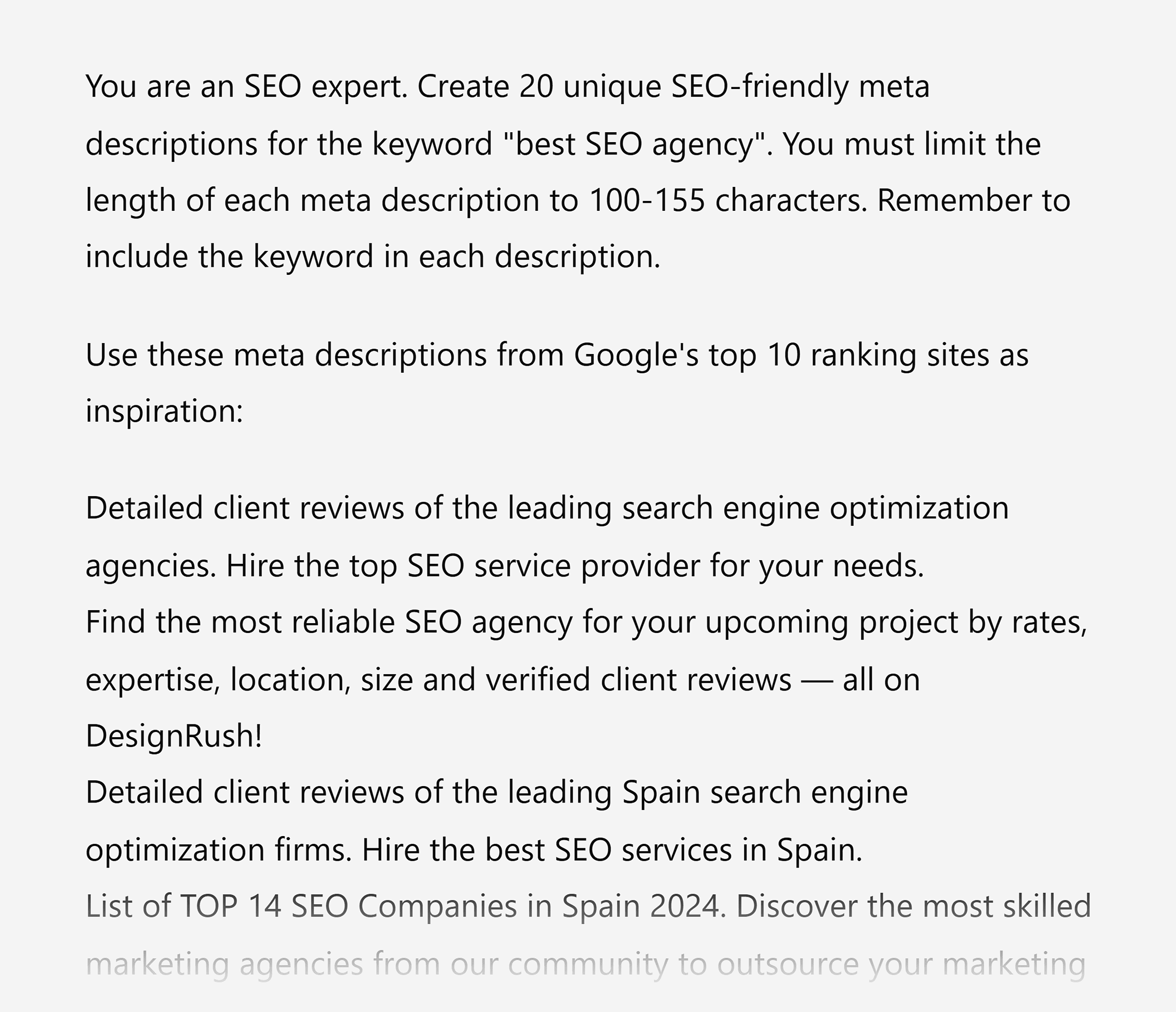 ChatGPT – Create meta descriptions – Input