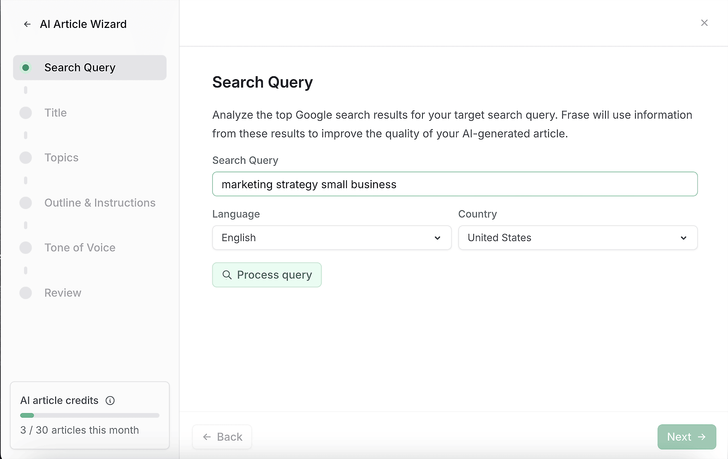 Frase – AI Wizard – Search Query