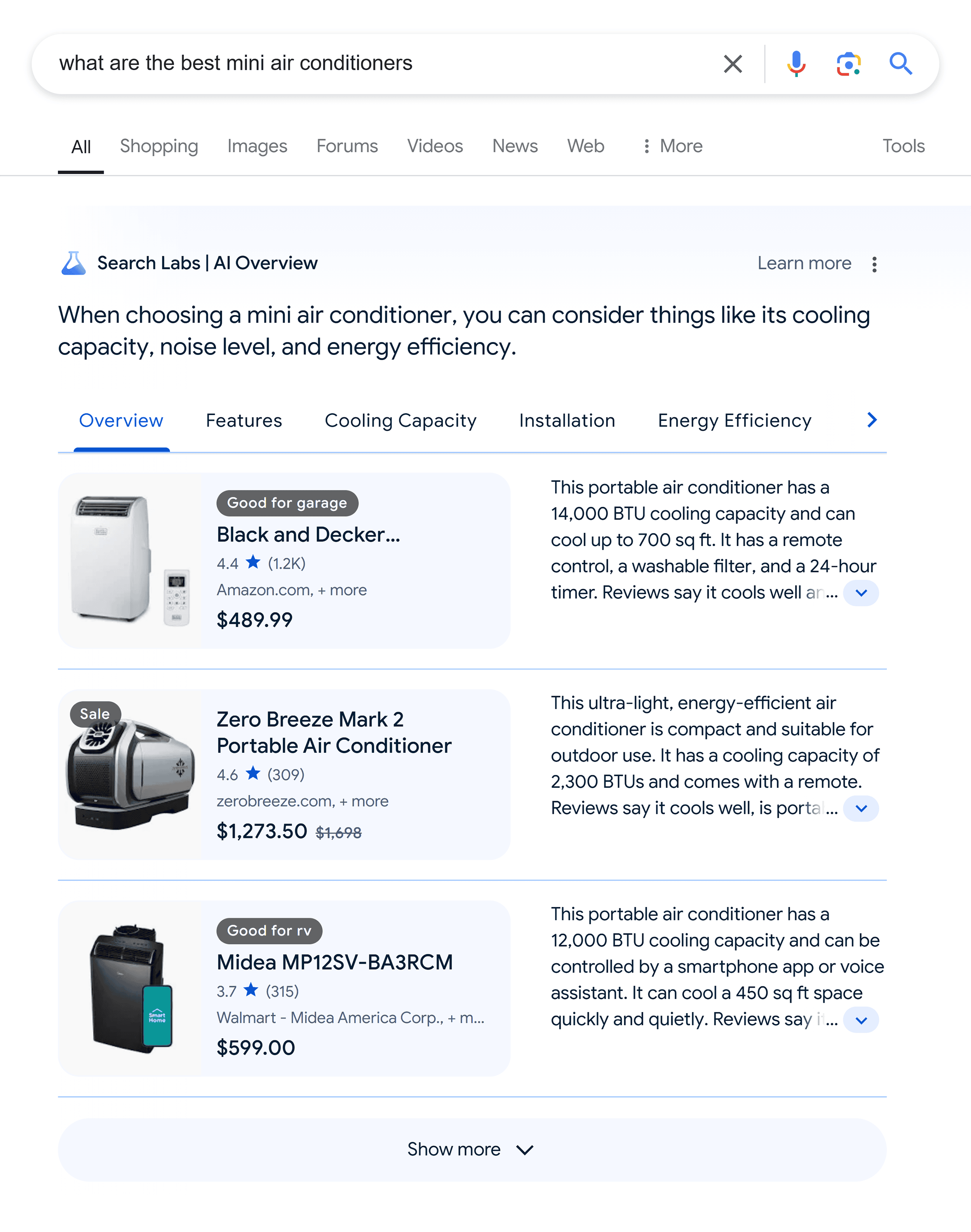 Google SERP – What are the best mini air conditioners – AI Overview