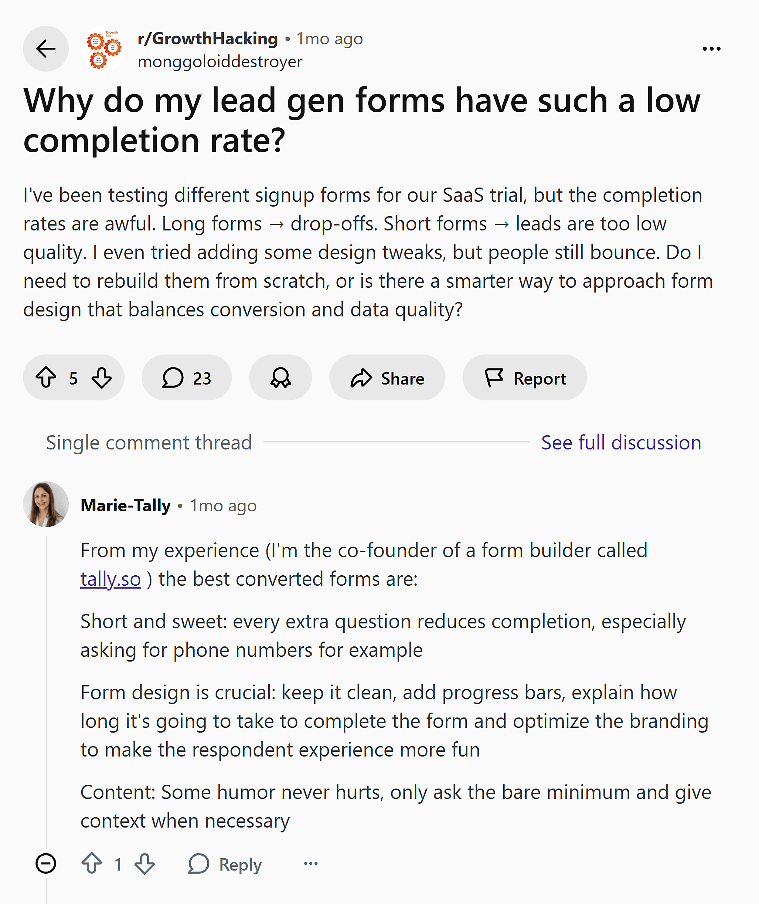Reddit thread – Lead gen forms