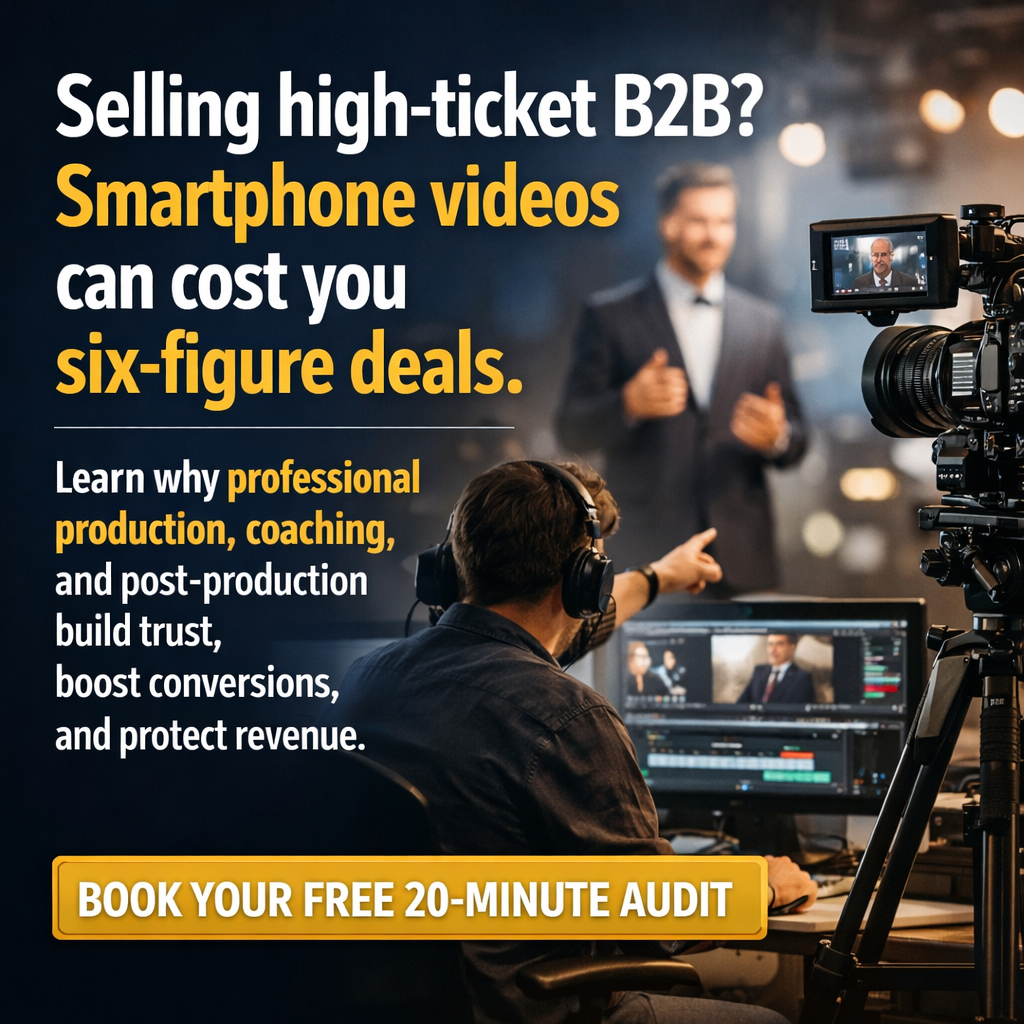 Selling high-ticket B2B? Smartphone videos can cost you six-figure deals. Learn why professional production, coaching, and post-production build trust, boost conversions, and protect revenue. Book a free 20-minute audit.
